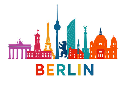 A colorful vector graphic illustration of the Berlin city skyline with famous landmarks