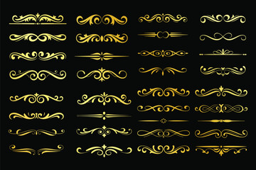 Collection of gold ornate swirling design elements and dividers on black background