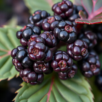 Close-up of phytolacca acinosa purple black berries also known as pokeweeds, pokebush, pokeberry, pokeroot or poke sallet.