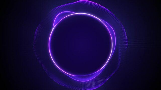 Abstract radiant violet energy ring sphere with pulsating particle halo and smooth neon plasma outline on dark blue background. Futuristic glowing circular waveform orb with dynamic light rays.