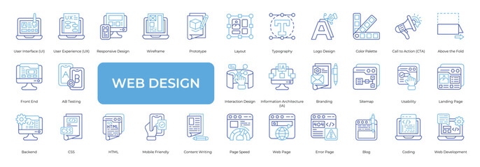 Web Design Icon set Collection in Line Two Color Style. interface, experience, responsive, wireframe, prototype, layout