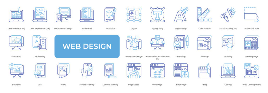 Web Design Icon set Collection in Line Two Color Style. interface, experience, responsive, wireframe, prototype, layout