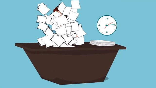 Overworked Businessman Buried in Paperwork Animation, Office Stress Deadline and Work Overload Concept