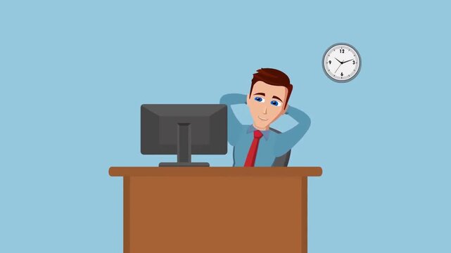 Tired Office Worker at Computer Animation, Workplace Fatigue Overtime and Corporate Burnout Concept
