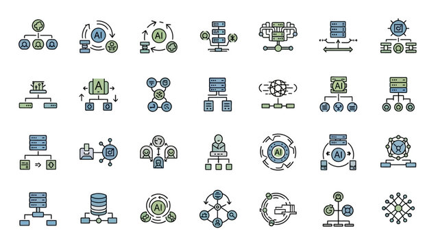 Collection of technology icons representing data structures and algorithms.