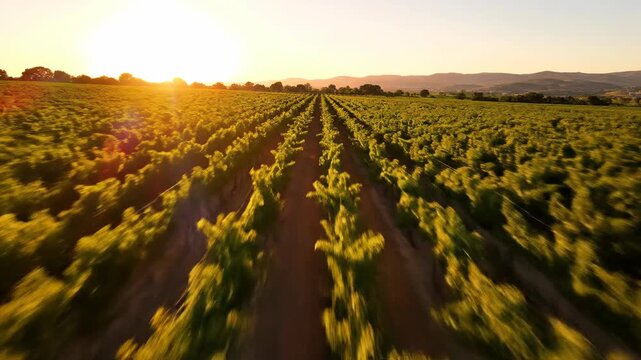 Expansive vineyard landscape with rows of grapevines illuminated by golden sunlight during sunset, showcasing the beauty of agricultural fields in a rural setting
