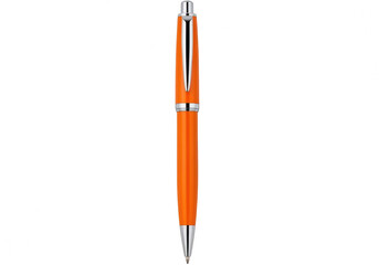 A sleek and modern orange pen with a metallic clip and tip resting on a white background. isolated on transparent background