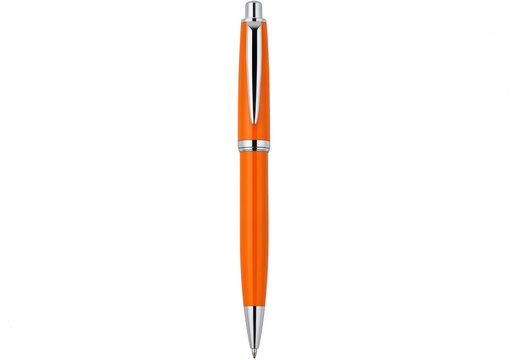 A sleek and modern orange pen with a metallic clip and tip resting on a white background. isolated on transparent background