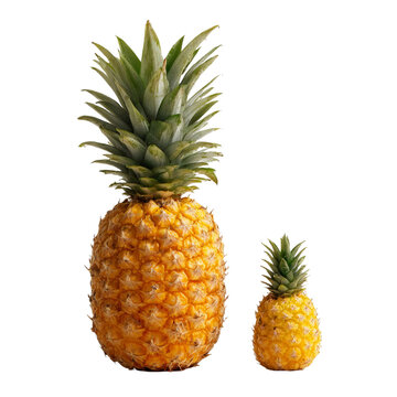 PNG of A large and a small ripe pineapple side by side, showcasing vibrant yellow hues and green leaves.