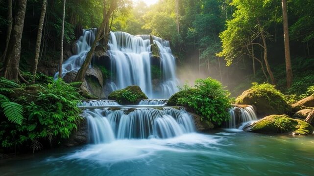A serene waterfall cascades down a rocky slope, surrounded by lush greenery and dense foliage, with sunlight filtering through trees
