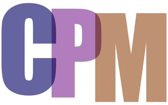 Three colored letters cpm overlapping and casting shadow on transparent background