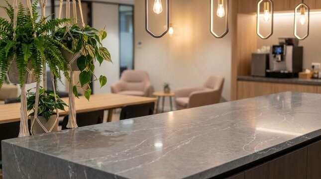 Smooth cool stone countertop with subtle veining in a modern interior setting