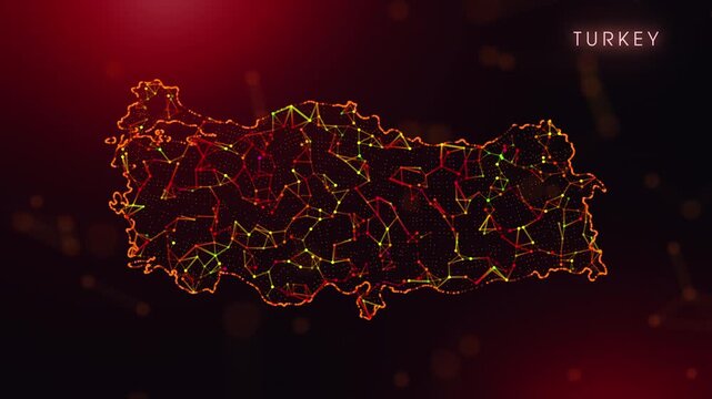 A dynamic motion video showcasing the Turkey country border through a colorful plexus reveal. Glowing red and orange dots represent high-tech data communication and global digital networks.