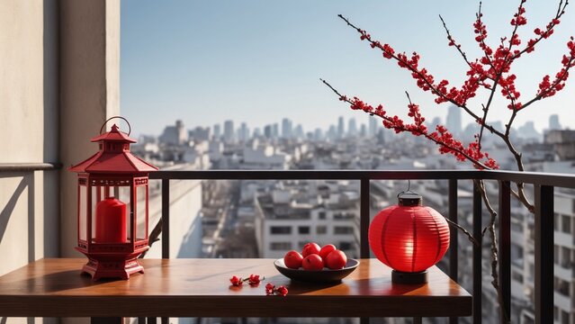 赤い提灯を主役にした春節のミニマル広告ビジュアル