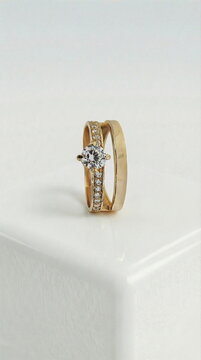 Side view of gold double band diamond ring. Modern engagement jewelry design