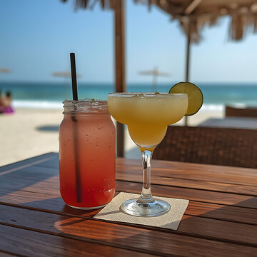 Two vibrant cocktails rest on a wooden beachside table&mdash;one a classic margarita with a salted rim and lime slice, the other a refreshing red drink in a mason jar. With the ocean softly blurred in the..