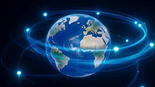 A detailed, illuminated globe centered on the Americas with glowing blue lines and dots against a dark background.