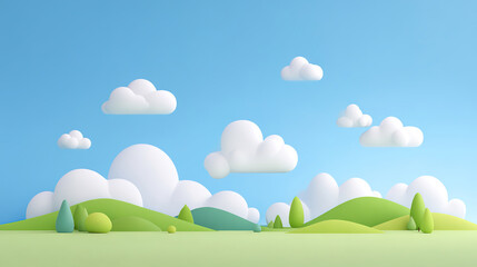 Fototapeta premium Minimalist style illustration of blue sky, white clouds and grass