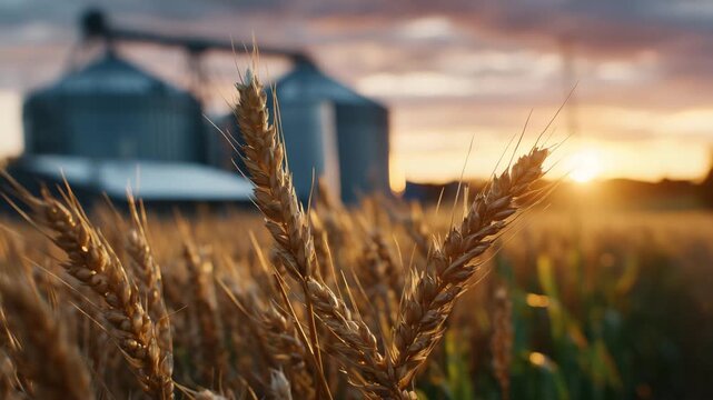 14Detailed corn plants in front of large grain silos, sunset backlighting creating dramatic silhouettes, modern farming efficiency and harvest storage concept, atmospheric close-up v