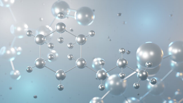 coniine molecular structure, 3d model molecule, neurotoxin structural chemical formula view from a microscope