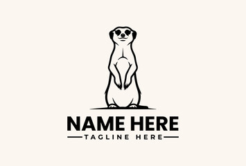 A black and white illustration of a meerkat standing upright with a logo and text placeholder in a simple, modern design against a beige background. © vectorvovdesign