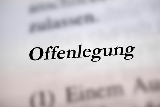 Offenlegung - Textwort in schwarzer Schrift in deutsch - Makro