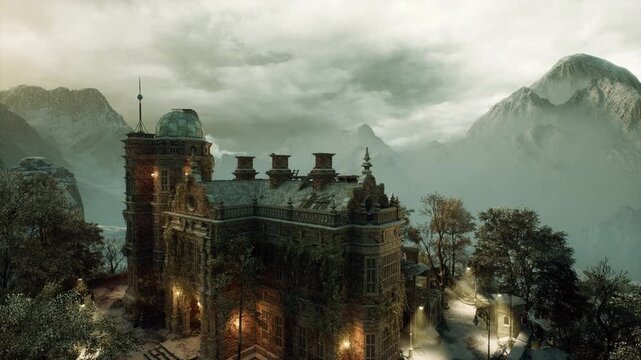Fogshrouded alpine stronghold rising above pines at dawn, heavy ramparts and turrets, low clouds in valley, lonely silhouette and cold textured stone, remote