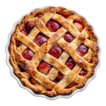 PNG of Delicious homemade cherry pie with a golden lattice crust and shimmering sugar coating.