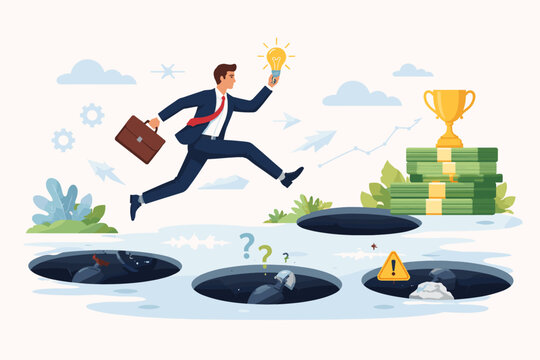 Businessman jumping over dangerous pitfalls and traps to reach a gold trophy and money. Concept of overcoming adversity, business failure, and using creativity for success and achievement.