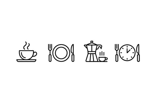 Illustrations of a coffee cup, cutlery, coffee maker, and clock Vector