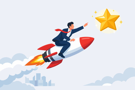 Ambitious businessman in a suit riding a rocket towards a bright golden star, symbolizing career success, startup growth, innovation, leadership, and achieving professional goals and targets.