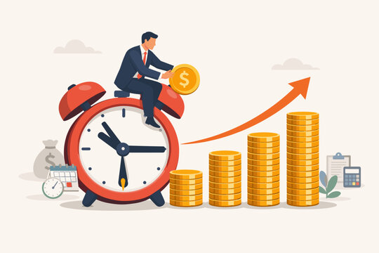 Long-term investing and savings for retirement fund concept with businessman sitting on alarm clock holding gold coin near growing stacks of coins and upward arrow for compound interest growth.