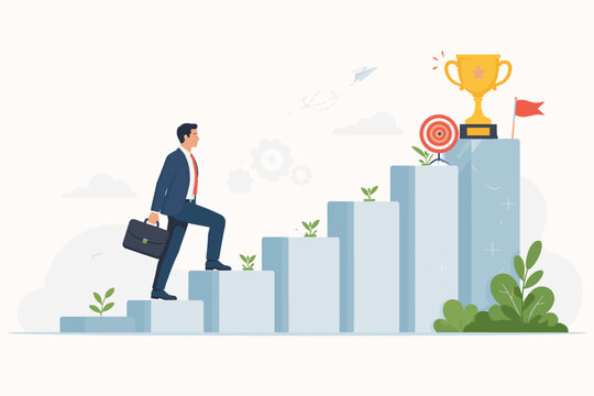Businessman in Suit Climbing Bar Chart Stairs to Reach Gold Trophy and Target, Concept of Career Growth, Goal Achievement, Steady Progress, Business Success, and Professional Development.