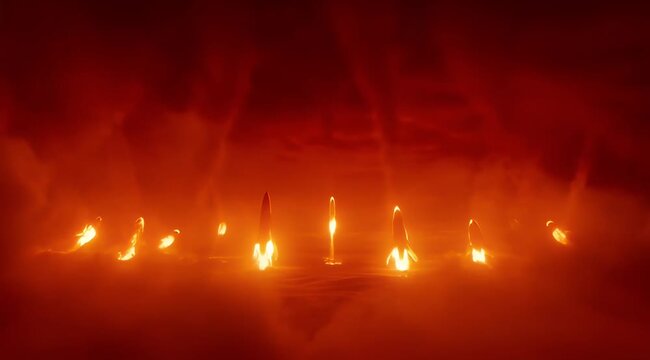 Group of Burning Missiles or Meteors Descending From Sky to Ground with Fire and Smoke