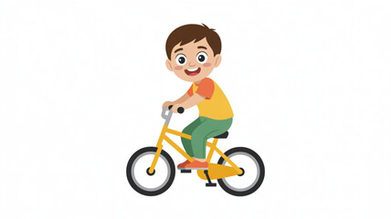 Happy young boy riding yellow bicycle with black wheels on white background smiling and looking forward with brown hair