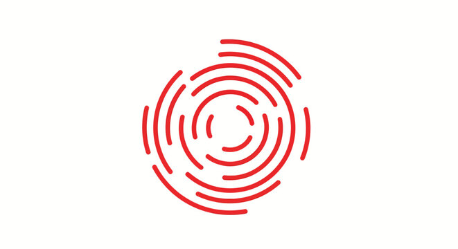 A red circular logo with curved lines radiating outward on a white background