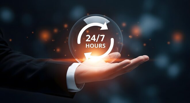 A hand holding a glowing hologram representing 24/7 hours of continuous service availability.