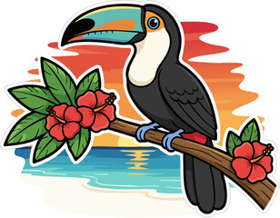 Fototapeta premium Colorful Toucan Bird on Branch with Tropical Sunset Background