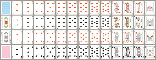 Full deck of classic poker playing cards designed for children. Cute vector set with adorable, kid-friendly characters. Includes all suits and numbers with isolated cards, perfect for educational game