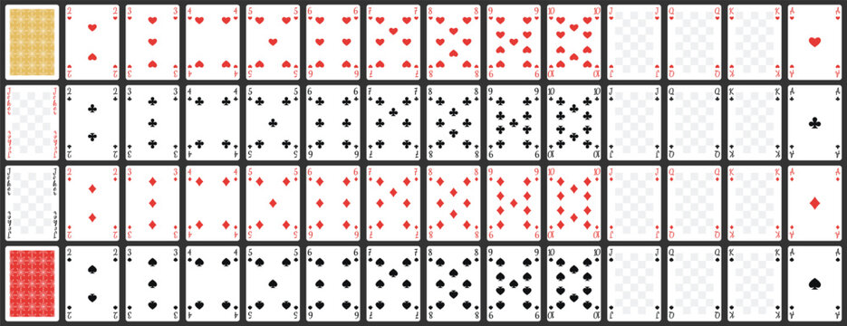 Complete 54-card vector template for board games. Playing cards. Standard numbers, a back cover example, empty space on face cards (Jokers/Jacks/Kings/Queens), easily customise with your own pics