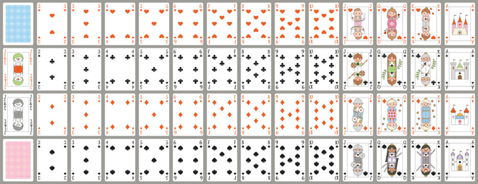 Full deck of classic poker playing cards designed for children. Cute vector set with adorable, kid-friendly characters. Includes all suits and numbers with isolated cards, perfect for educational game