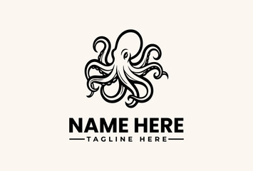 Black vector illustration of an octopus logo with placeholder text on a beige background © vectorvovdesign