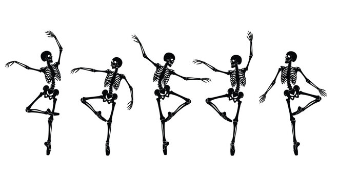 Five dancing skeletons in a row stark black silhouette