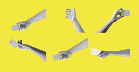 Hands holding different bank cards on bright yellow background. Collage composition with multiple gestures showing payment cards. Financial concept of spending purchase and money access..