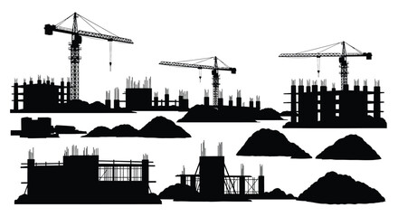 Obraz premium Construction site with cranes and unfinished structures a dark silhouette