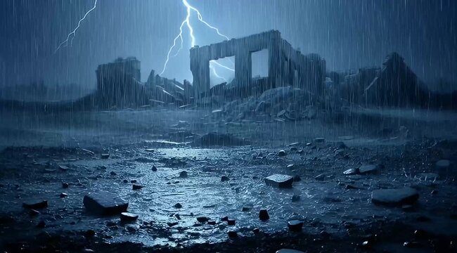 Heavy Rain Falling On Ancient Ruins And Deserted Post Apocalyptic Landscape With Lightning