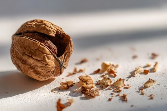 Cracked Walnut with Shell Fragments on Light Background, Natural Sunlight Horizontal Copy Space