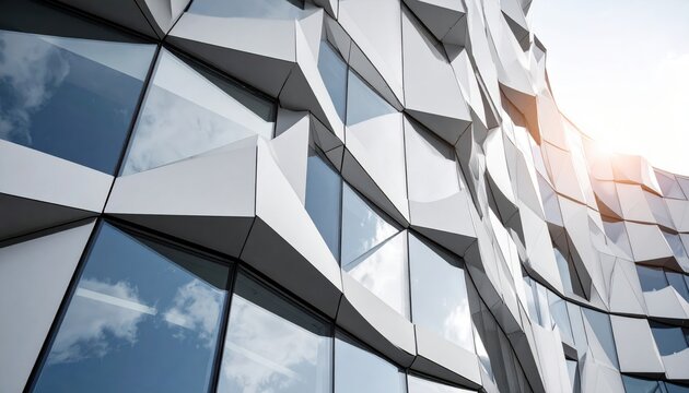 A modern corporate office building with a blue glass facade reflects the sky and clouds in its tall windows, showcasing elegant urban architecture and steel skyscraper design in the city