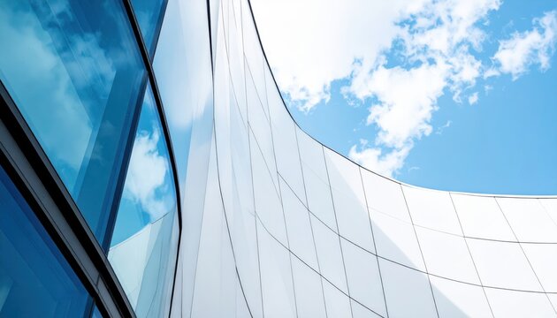 A modern corporate office building with a blue glass facade reflects the sky and clouds in its tall windows, showcasing elegant urban architecture and steel skyscraper design in the city