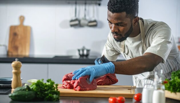 Fresh raw pork chops and uncooked red meat fillets are sliced on a wooden butcher cutting board as high-quality food ingredients for a kitchen dinner roast